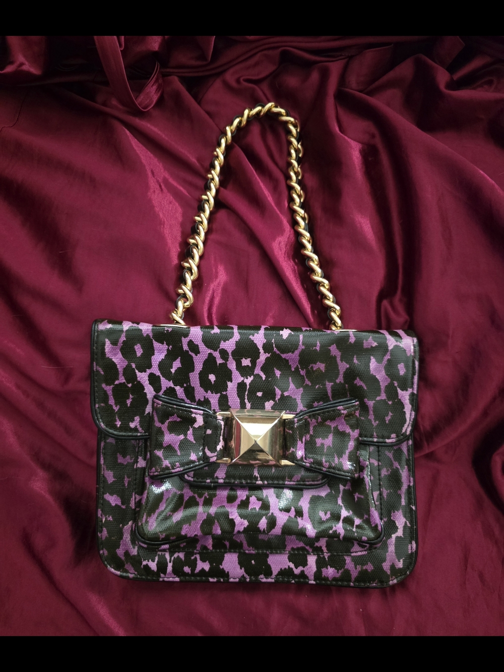 NWOT- Betsey Johnson Purple Leopard Print Mini Shoulder Bag with Gold Chain